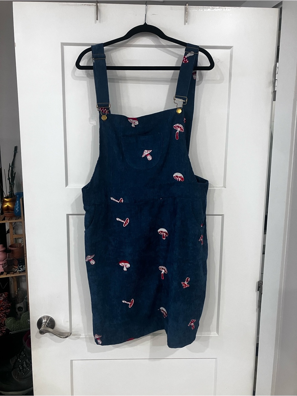 Cider Teal Corduroy Overall Dress with Red Mushroom Embroidery